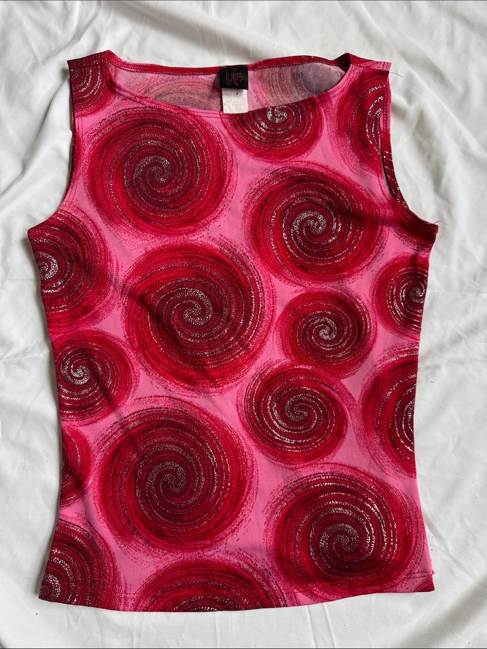 Vintage Pink Tank Top with Red Swirl Pattern